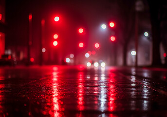 Rainy night cityscape with red and white lights reflected