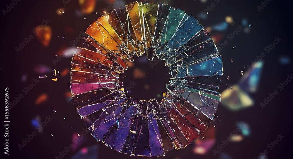 Poster circular abstract pattern of shattered glass fragments displaying a rainbow of colors against a dark