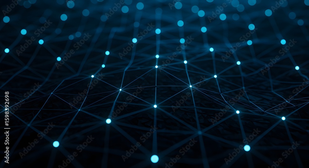 Poster abstract interconnected network with glowing nodes against a dark background, representing data conn