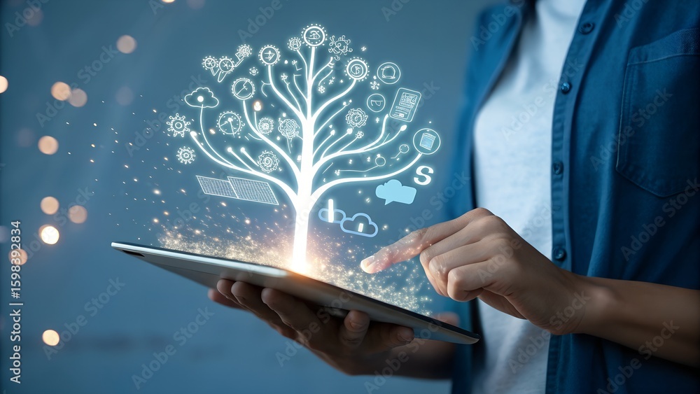 Poster person using tablet to grow a digital tree of knowledge and innovation with glowing technology symbo