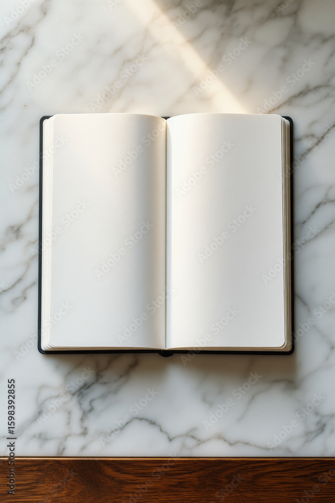 Poster an open notebook with blank pages rests on a marble surface, bathed in warm light from an unseen win