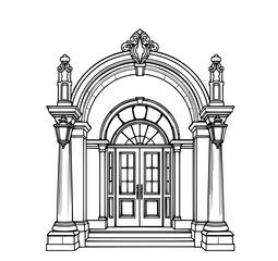 Elegant Archway Entrance: A classic line art illustration showcases a grand entrance with ornate columns, a double door, and decorative arched details, perfect for architectural design.