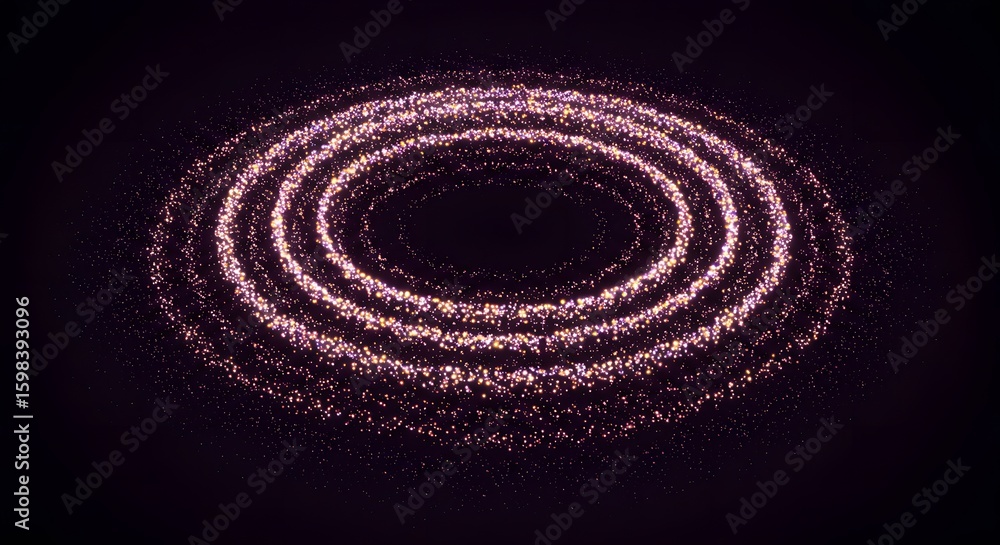 Poster rings of ethereal lights form an abstract shape against a dark backdrop, sparkling with a cosmic all