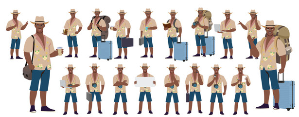 Fototapeta premium Traveler character model sheet, Character poses, expressions, Walk cycle, Run cycle animated character sequences.