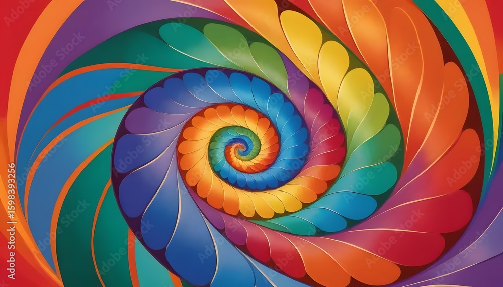 Poster a vibrant rainbow spiral with layered petal shapes creating a mesmerizing colorful abstract design