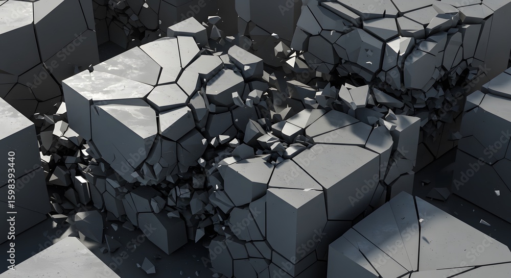 Poster shattered stone cubes create a dynamic abstract scene with geometric fragments and interplay of ligh