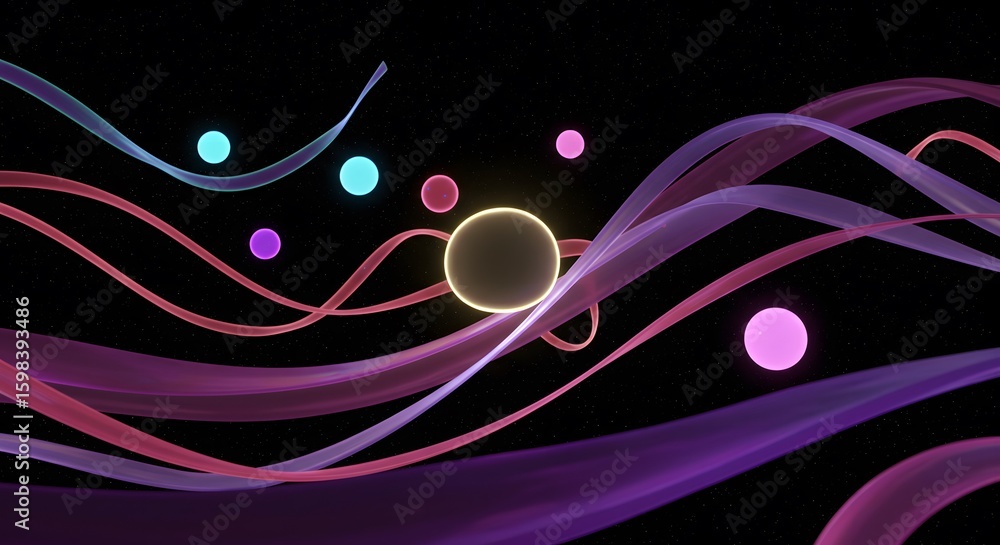 Aufkleber abstract space scene with glowing orbs and floating ribbons against a backdrop of stars and dark spa