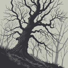 Illustration of a large dark tree with bare branches on a hill with smaller trees in the background.