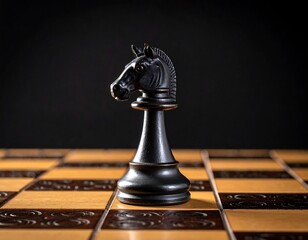 Black Knight chess piece on a wooden board
