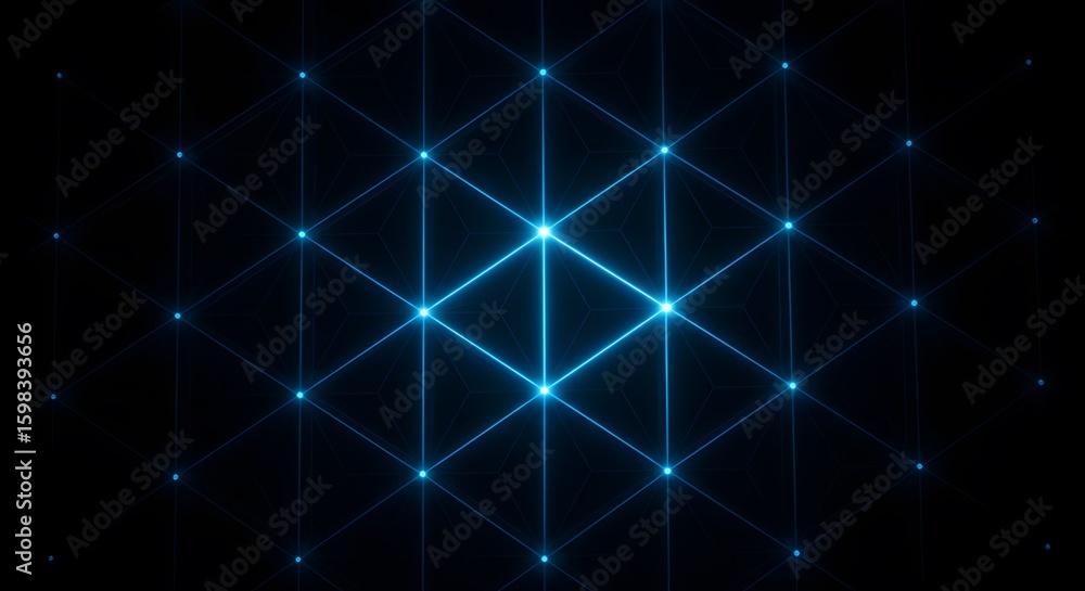 Poster abstract geometric pattern with interconnected glowing blue lines and dots against a dark background