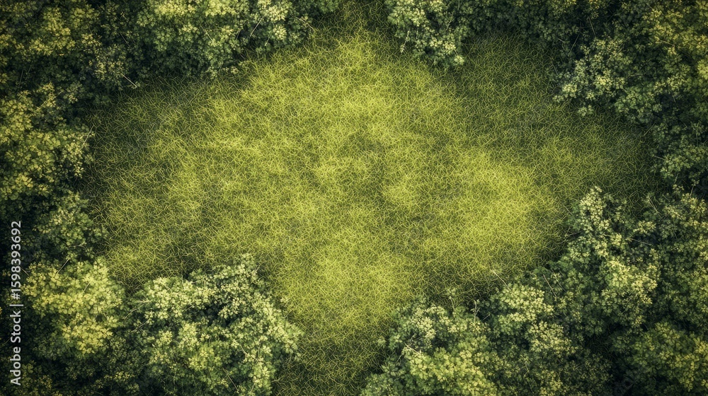 Poster aerial view of a clearing in a lush green forest, showing a circular patch of grass surrounded by de