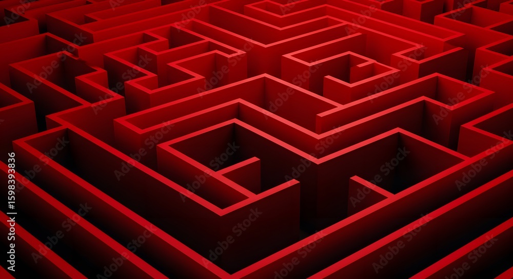 Poster an intricate red maze with a complex network of pathways, creating a challenging visual puzzle.