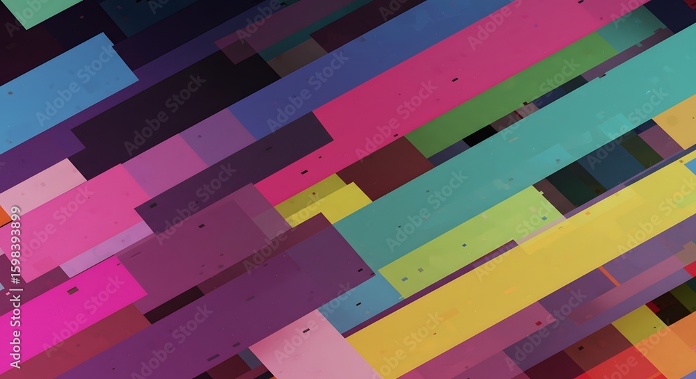 Poster dynamic colorful abstract composition with overlapping rectangular shapes in various shades and text