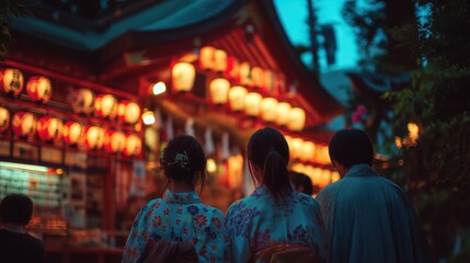 Fototapeta premium Family in yukata honoring tradition at shrine