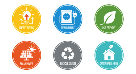 Fototapeta premium A set of colorful vector icons representing energy saving, power smart, eco-friendly, solar power, recycle and reuse, and sustainable home concepts on white.
