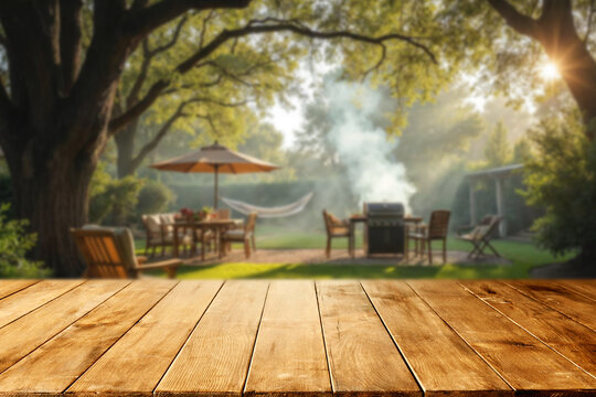 Empty wooden garden table with copy space for product placement. In the blurred background, cozy outdoor furniture and a lush green backyard or camping area.
