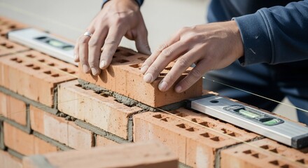 A bricklayer carefully lays a red brick on a wall under construction, using a level to ensure accuracy and stability.