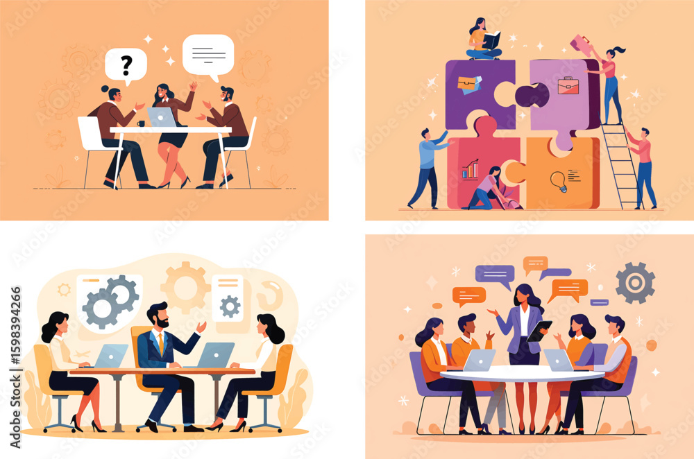Poster set of vector illustrations depicting business teamwork, collaboration, and problem-solving in a cor