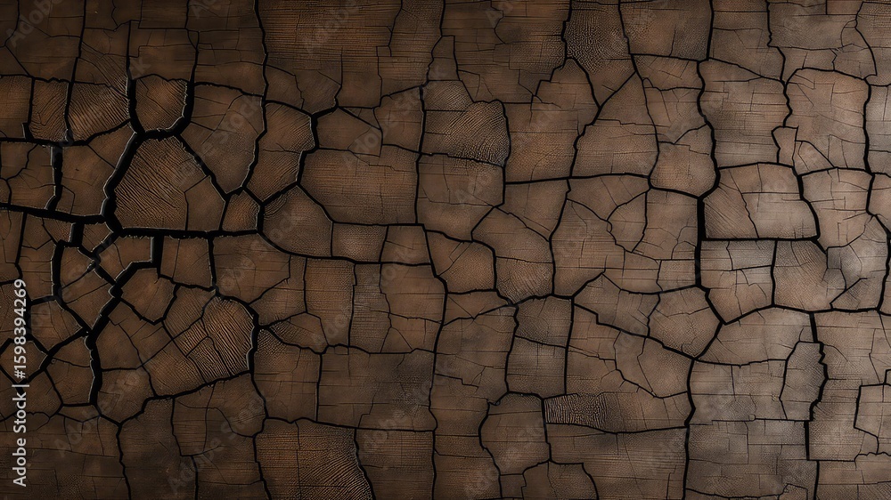 Poster detail of cracked, burnt wood surface with dark lines forming geometric patterns creating a textured