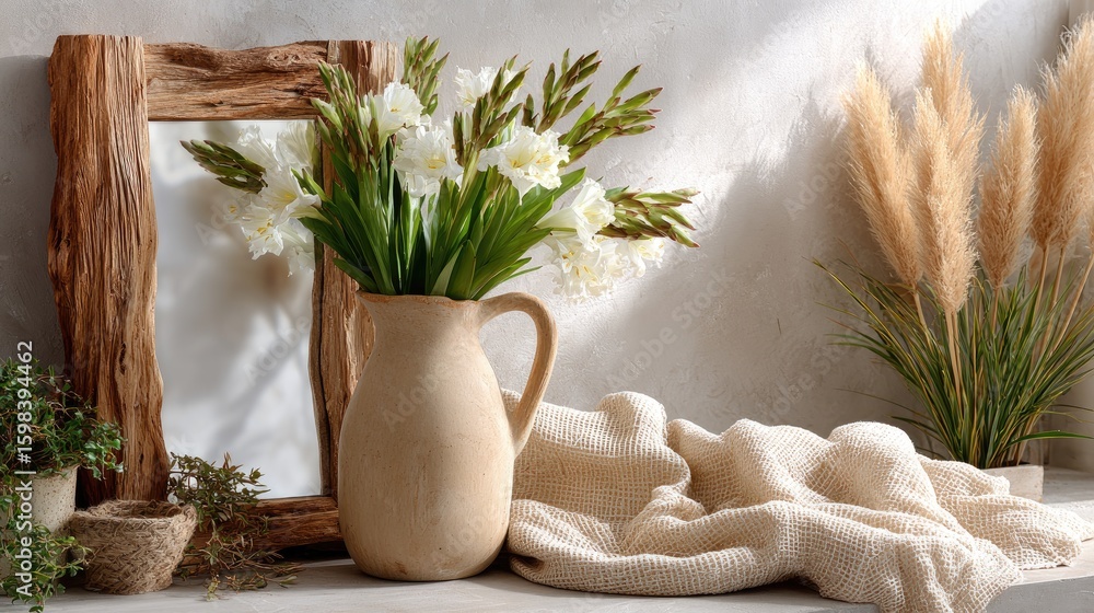 Poster rustic wooden mug and clay jug rest on checkered cloth, illuminated by soft natural light creating a