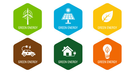 Fototapeta premium Collection of hexagonal icons representing green energy sources like solar, wind, electric cars, and eco-friendly homes.