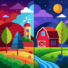 Fototapeta premium Split image of a farm landscape showing day and night with a barn and windmill