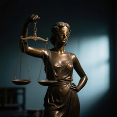 Statue of justice sculpture on black background showing ancient roman style woman in marble stone