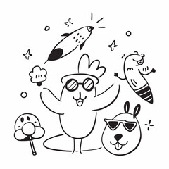 Naklejka premium Adorable Summer Pets Doodles – Cats, Dogs & More