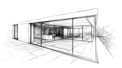 Minimalist Architectural Sketch of Modern Glass Building Interior Perspective