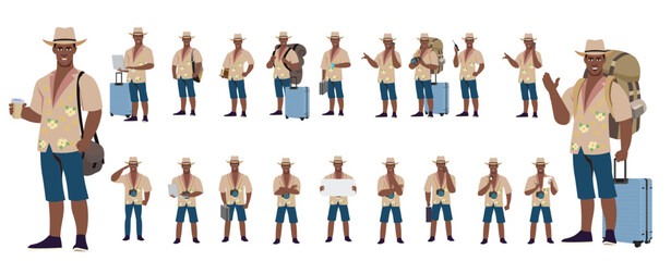 Fototapeta premium Traveler character model sheet, Character poses, expressions, Walk cycle, Run cycle animated character sequences.