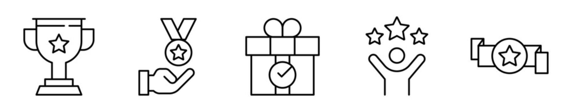 Conjunto de iconos de recompensa. Logros y reconocimiento. Victoria, m&eacute;rito, incentivo, excelencia y premio. Ilustraci&oacute;n vectorial