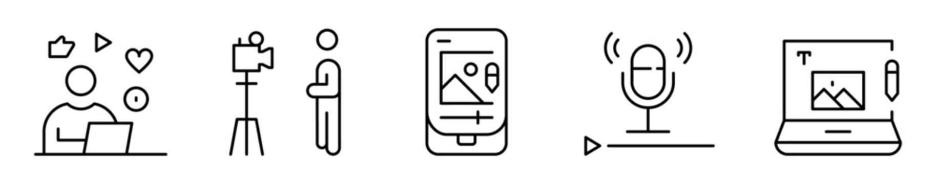 Conjunto de iconos de creador de contenido. Producci&oacute;n, interacci&oacute;n y difusi&oacute;n digital. Publicaci&oacute;n, grabaci&oacute;n, material audiovisual, audio y edici&oacute;n. Ilustraci&oacute;n vectorial 