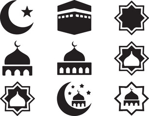 Islamic Symbols Crescent Star Mosque Kaaba Geometric Patterns vector