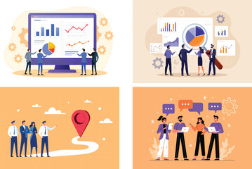 Set of vector illustrations depicting business teamwork, data analysis, and strategic planning concepts.