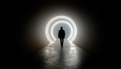 A lone figure walks towards a glowing circular tunnel, symbolizing journey and mystery in a dark futuristic setting.