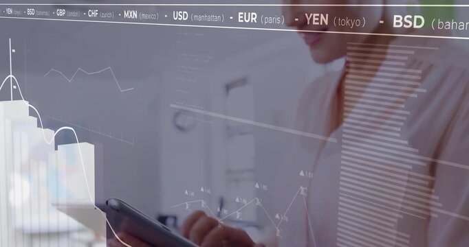 Female professional tapping and swiping tablet opening animated currency graphs for market analysis