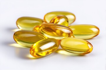 Pile of translucent yellow oval softgel capsules isolated on white background