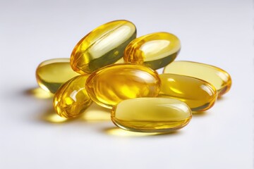 Pile of translucent yellow oval softgel capsules for health supplements isolated on white background