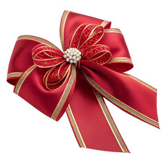 Red Satin Bow with Gold Trim and Pearls isolated on a transparent background
