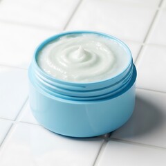 Swirled Cream in Light Blue Jar on White Tiles: Clean Beauty Product Still Life