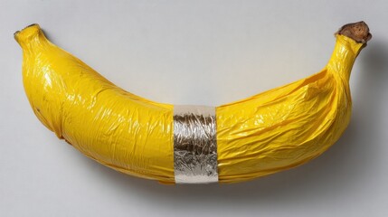 A yellow banana is secured with a strip of duct tape against a blank white wall, creating a striking focal point that invites viewers to reflect on the nature of art and creativity