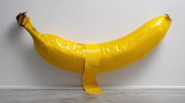 A large yellow banana is firmly adhered to a blank white wall using bright duct tape. This playful artwork emphasizes simplicity and humor in contemporary art
