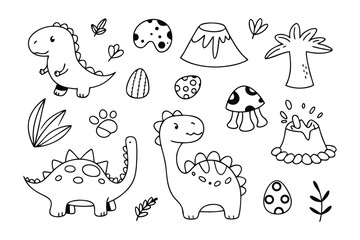 Naklejka premium Dinosaur World: Hand-drawn collection of cute dinosaurs with eggs, plants, volcano, and mushroom elements on a minimalist illustration
