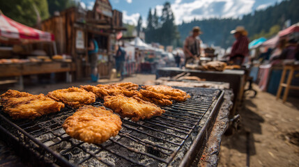 Crispy Delights Cooking Over Charcoal at Testicle Festival Outdoor Fry Stand in Rustic Setting