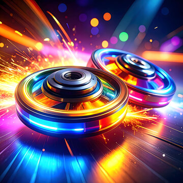 Colorful spinning bey blade toy in mid-battle, sparks flying as it hits another bey blade 