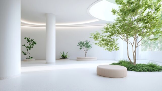 Perspective Interior atrium of a high rise with dynamic lighting and minimalist decor. - Powered by Adobe