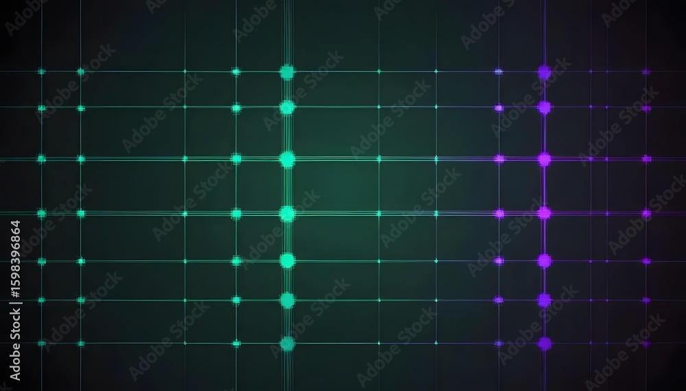 Poster abstract grid with green and purple glowing points and lines on a dark background design element
