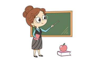Cartoon teacher with glasses pointing at a blackboard with an apple on a desk isolated on white background silhouette