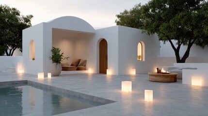 Fototapeta premium Beautiful white villa showcases Arabic design, an expansive pool, and glowing lanterns, creating a tranquil atmosphere under the night sky