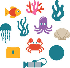 Fototapeta premium Ocean life and underwater exploration icons fish